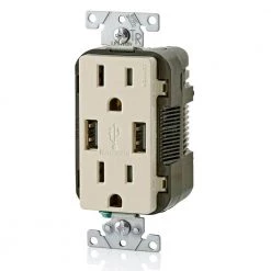 Leviton 3.6A USB Dual Type A In-Wall Charger with 15 Amp Tamper-Resistant Outlets, Light Almond -Surge Protectors Sales Store light almond leviton electrical outlets receptacles r08 t5632 0bt c3 1000