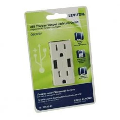 Leviton 3.6A USB Dual Type A In-Wall Charger with 15 Amp Tamper-Resistant Outlets, Light Almond -Surge Protectors Sales Store light almond leviton electrical outlets receptacles r08 t5632 0bt d4 1000