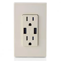 Leviton 3.6A USB Dual Type A In-Wall Charger with 15 Amp Tamper-Resistant Outlets, Light Almond -Surge Protectors Sales Store light almond leviton electrical outlets receptacles r08 t5632 0bt fa 1000