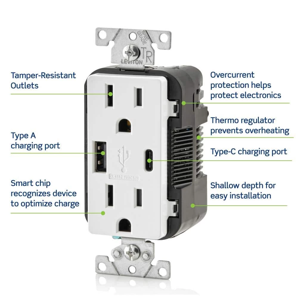 Leviton 15 Amp Decora Type A and C USB Charger Tamper-Resistant Outlet, Light Almond 6 Leviton 15 Amp Decora Type A and C USB Charger Tamper-Resistant Outlet, Light Almond - Image 6