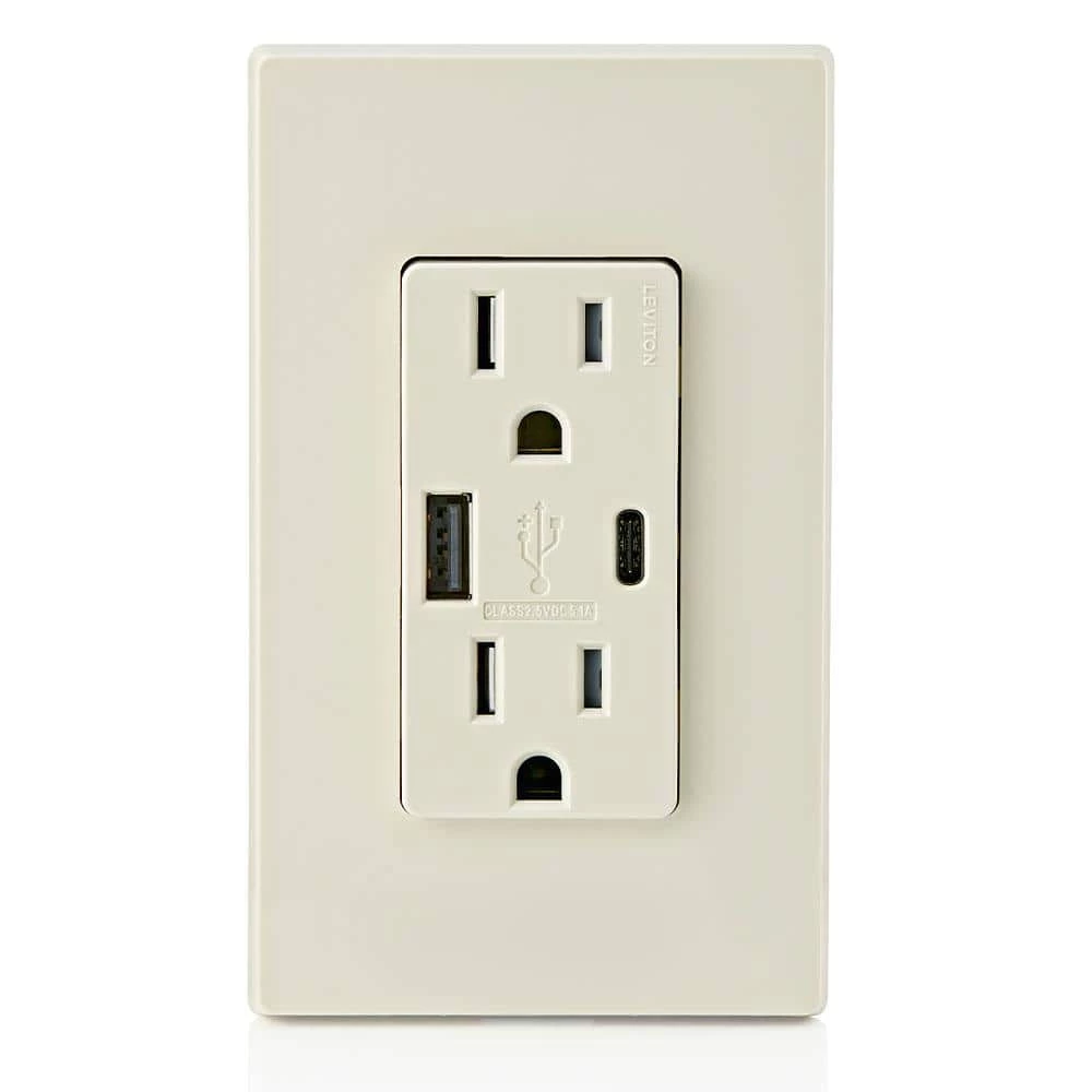 Leviton 15 Amp Decora Type A and C USB Charger Tamper-Resistant Outlet, Light Almond 4 Leviton 15 Amp Decora Type A and C USB Charger Tamper-Resistant Outlet, Light Almond - Image 4