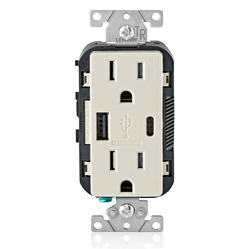 Leviton 15 Amp Decora Type A and C USB Charger Tamper-Resistant Outlet, Light Almond 1 Leviton 15 Amp Decora Type A and C USB Charger Tamper-Resistant Outlet, Light Almond