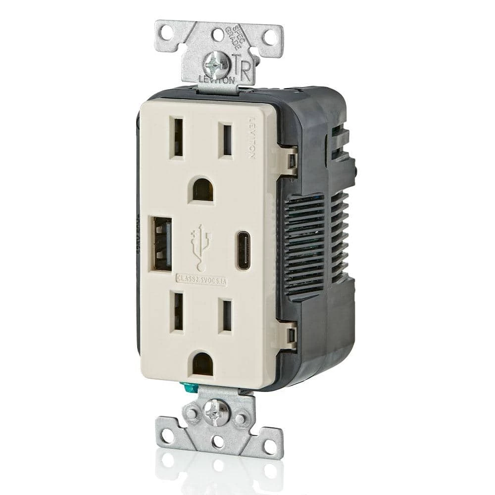 Leviton 15 Amp Decora Type A and C USB Charger Tamper-Resistant Outlet, Light Almond 3 Leviton 15 Amp Decora Type A and C USB Charger Tamper-Resistant Outlet, Light Almond - Image 3