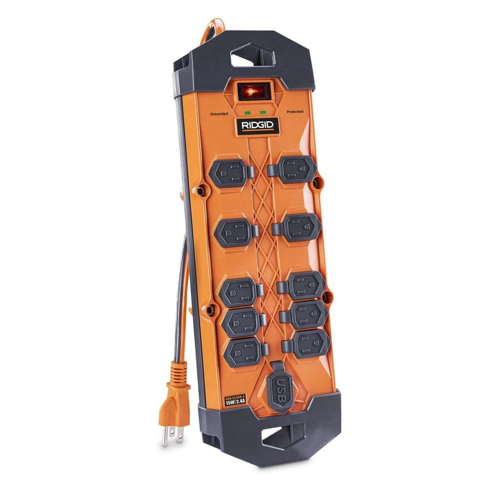 RIDGID 10 ft. Cord 10-Outlet, 2.4 Amp USB-A, 15-Watt USB-C, 4200J Surge Protector 3 RIDGID 10 ft. Cord 10-Outlet, 2.4 Amp USB-A, 15-Watt USB-C, 4200J Surge Protector - Image 3