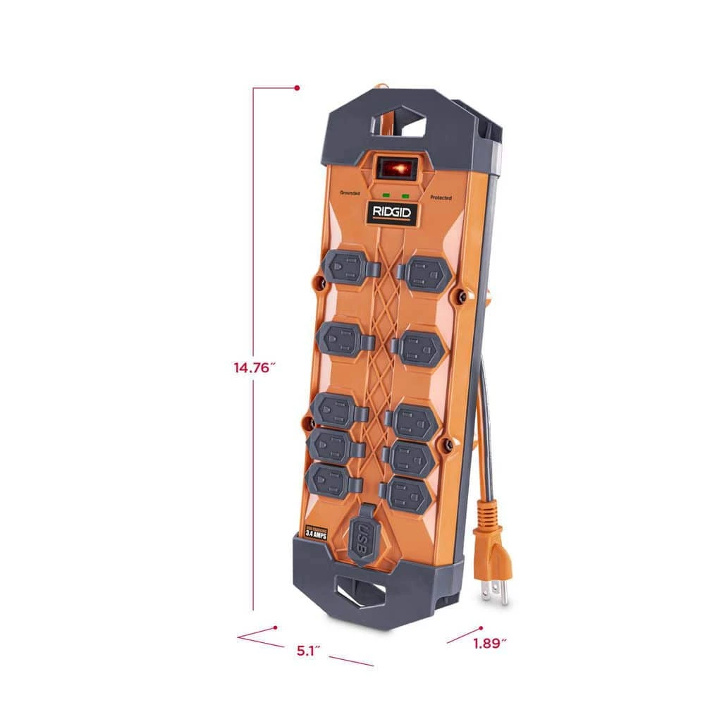 RIDGID 10 ft. Cord 10-Outlet, 2.4 Amp USB-A, 15-Watt USB-C, 4200J Surge Protector 8 RIDGID 10 ft. Cord 10-Outlet, 2.4 Amp USB-A, 15-Watt USB-C, 4200J Surge Protector - Image 8