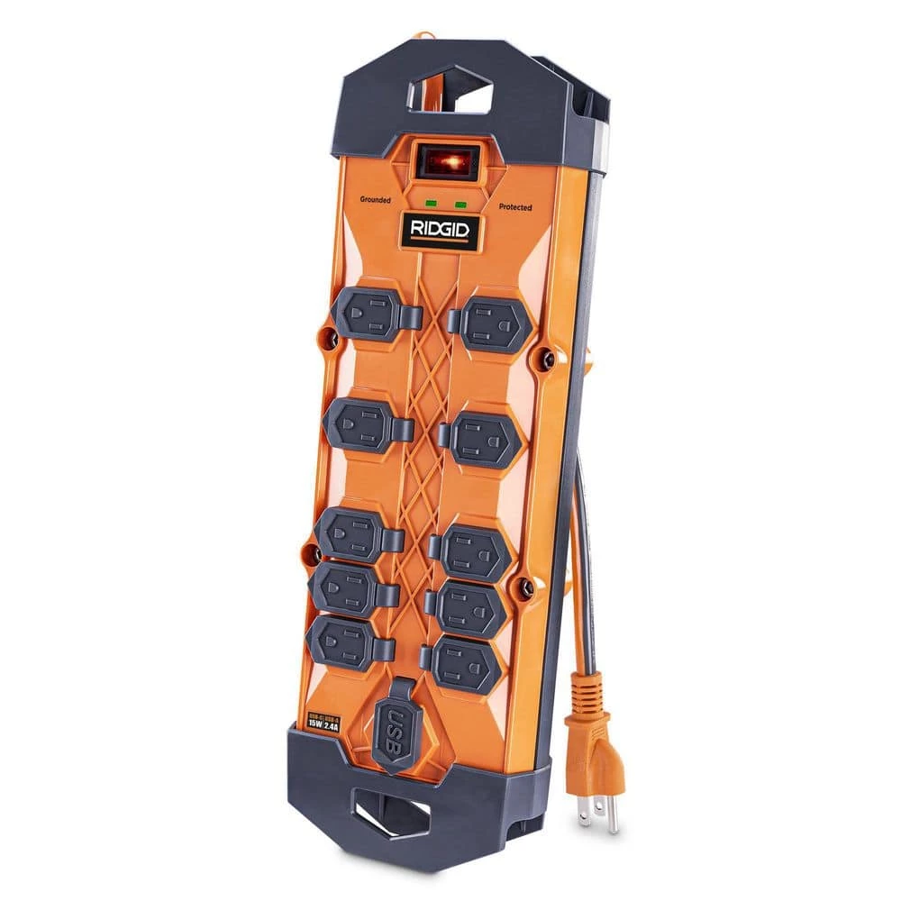 RIDGID 10 ft. Cord 10-Outlet, 2.4 Amp USB-A, 15-Watt USB-C, 4200J Surge Protector 2 RIDGID 10 ft. Cord 10-Outlet, 2.4 Amp USB-A, 15-Watt USB-C, 4200J Surge Protector - Image 2