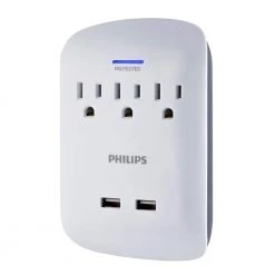 Philips 3-Outlet Surge Protector Tap with 2-USB Charging Ports in White