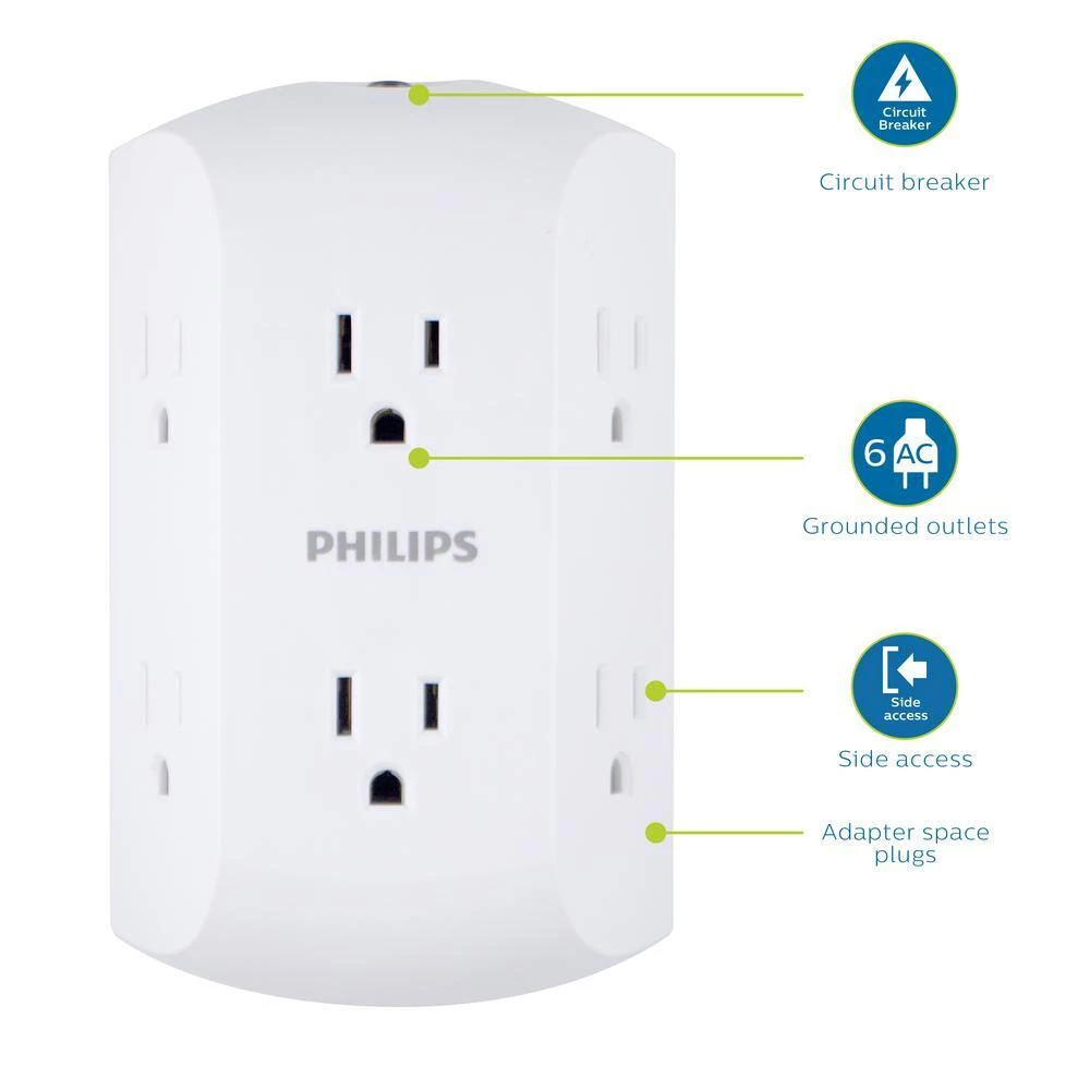 Philips Grounded Tap 6-Outlets with Resettable Circuit Breaker 2 Philips Grounded Tap 6-Outlets with Resettable Circuit Breaker - Image 2