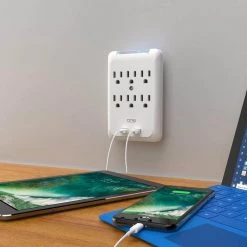 ProMounts Modern 6 Outlet and 2 USB Surge Protector Wall Adapter and Flat Plug with Pop-out Device Holder Cradles ETL Certified -Surge Protectors Sales Store promounts surge protectors pws621 31 1000