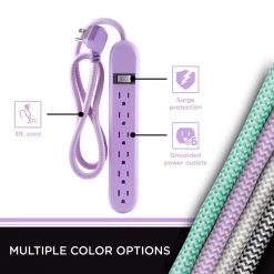 Cordinate 6-Outlet Surge Protector Power Strip Flat Plug Braided Cord Decorative 3 ft. Power Cord, Purple -Surge Protectors Sales Store purple cordinate surge protectors 41639 1f 1000
