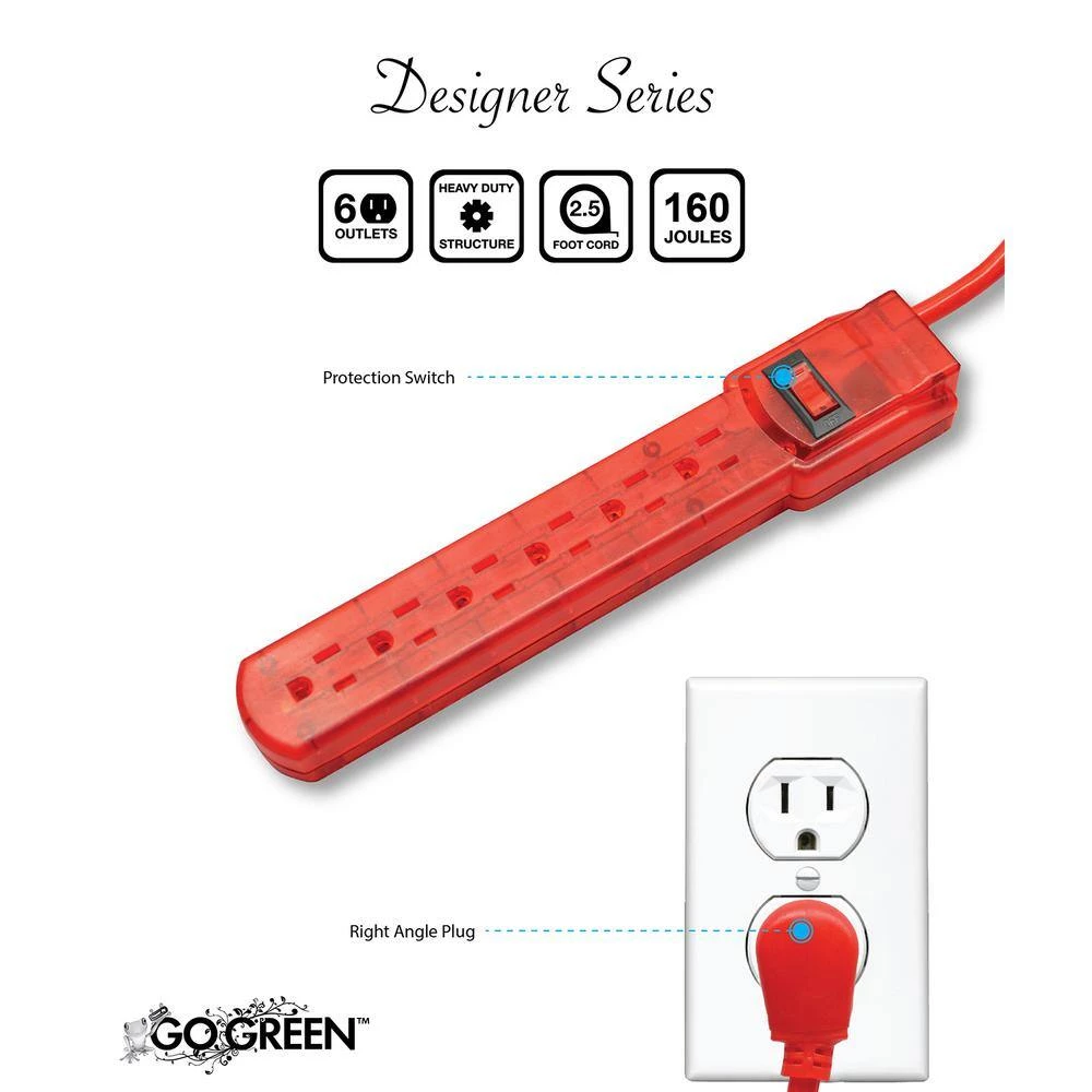 GoGreen Power 3 ft. Cord Red 6-Outlet Translucent Designer Series Surge Protector (160 Joules) 3 GoGreen Power 3 ft. Cord Red 6-Outlet Translucent Designer Series Surge Protector (160 Joules) - Image 3