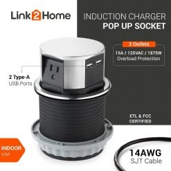 Link2Home Space Saver Pop Up-Outlet, 3 Power Outlets 15 Amp, 2 USB Ports 2.4 Amp, Overload Protection, Splash Resistant -Surge Protectors Sales Store stainless link2home surge protectors em pu 100e c3 1000