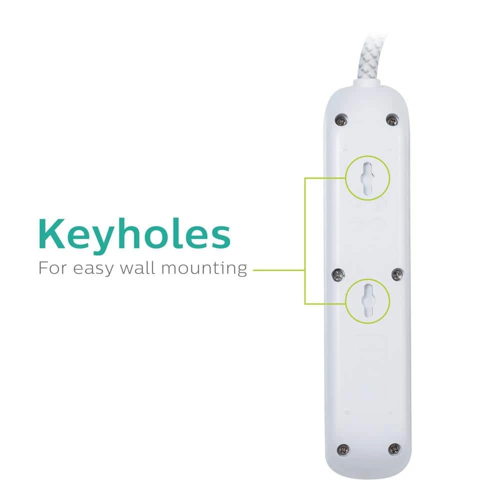 Philips 10 ft. 16/3 3-Outlet 300J Surge Protector Power Strip with USB, White 5 Philips 10 ft. 16/3 3-Outlet 300J Surge Protector Power Strip with USB, White - Image 5