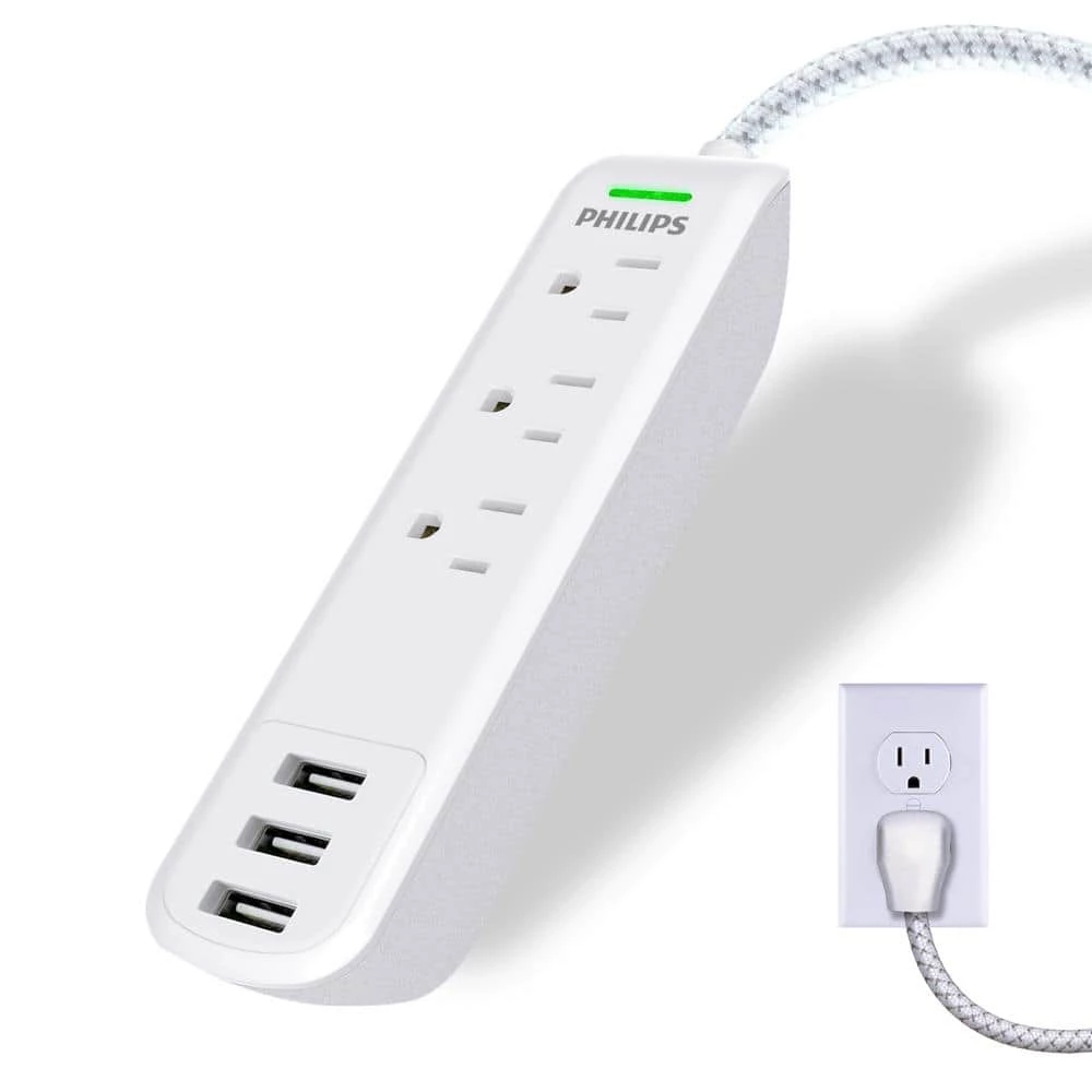Philips 10 ft. 16/3 3-Outlet 300J Surge Protector Power Strip with USB, White 1 Philips 10 ft. 16/3 3-Outlet 300J Surge Protector Power Strip with USB, White