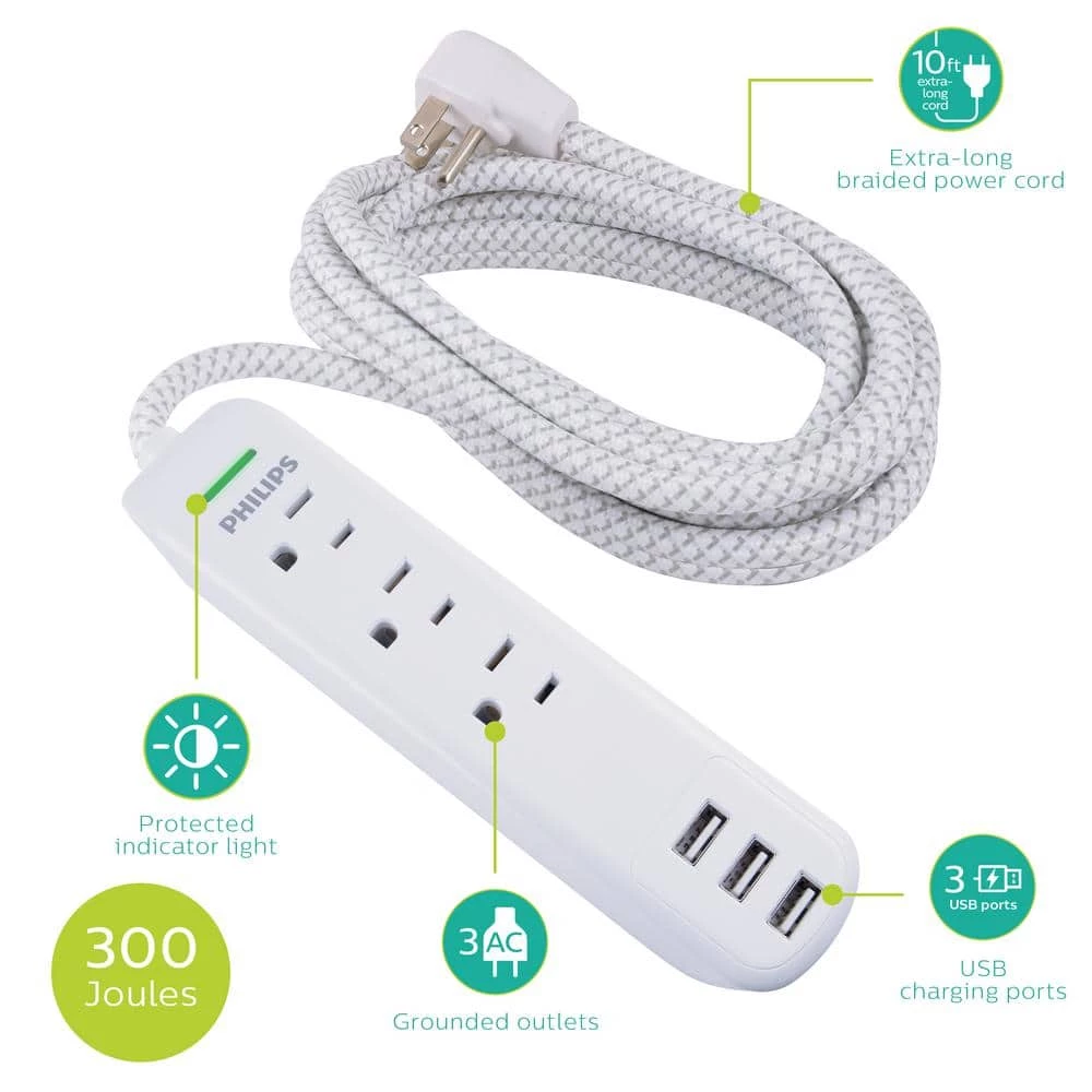 Philips 10 ft. 16/3 3-Outlet 300J Surge Protector Power Strip with USB, White 2 Philips 10 ft. 16/3 3-Outlet 300J Surge Protector Power Strip with USB, White - Image 2