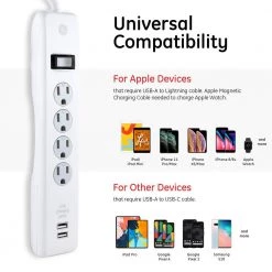 4-Outlet 2 USB Port Surge Protector with 6 ft. Cord, White 9 4-Outlet 2 USB Port Surge Protector with 6 ft. Cord, White -Surge Protectors Sales Store white 6 ft ge surge protectors 36391 4f 1000