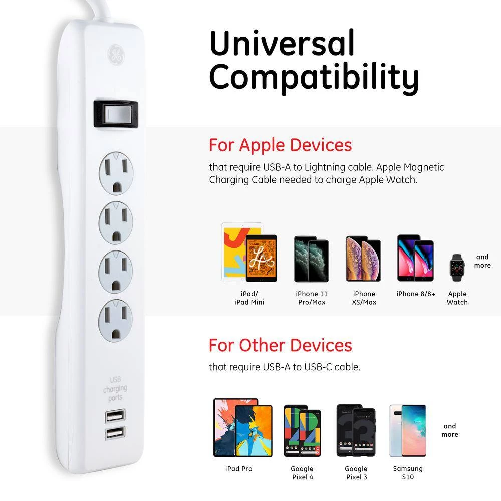 4-Outlet 2 USB Port Surge Protector with 6 ft. Cord, White 3 4-Outlet 2 USB Port Surge Protector with 6 ft. Cord, White - Image 3