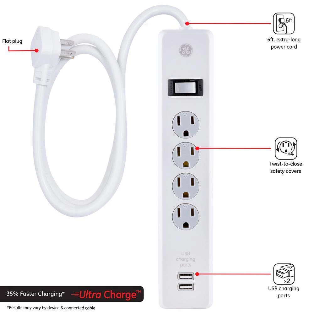 4-Outlet 2 USB Port Surge Protector with 6 ft. Cord, White 2 4-Outlet 2 USB Port Surge Protector with 6 ft. Cord, White - Image 2