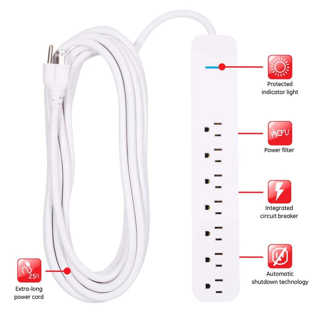 25 ft. 16/3 7-Outlet 800J Surge Protector Power Strip Extension Cord, White 2 25 ft. 16/3 7-Outlet 800J Surge Protector Power Strip Extension Cord, White - Image 2