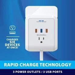 Bell + Howell 3-Outlet Power Pro Wall Outlet Surge Protector with 3 USB Ports and Extension Cord -Surge Protectors Sales Store white bell howell surge protectors 7781 1f 1000