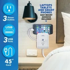 Bell + Howell 3-Outlet Power Pro Wall Outlet Surge Protector with 3 USB Ports and Extension Cord -Surge Protectors Sales Store white bell howell surge protectors 7781 4f 1000