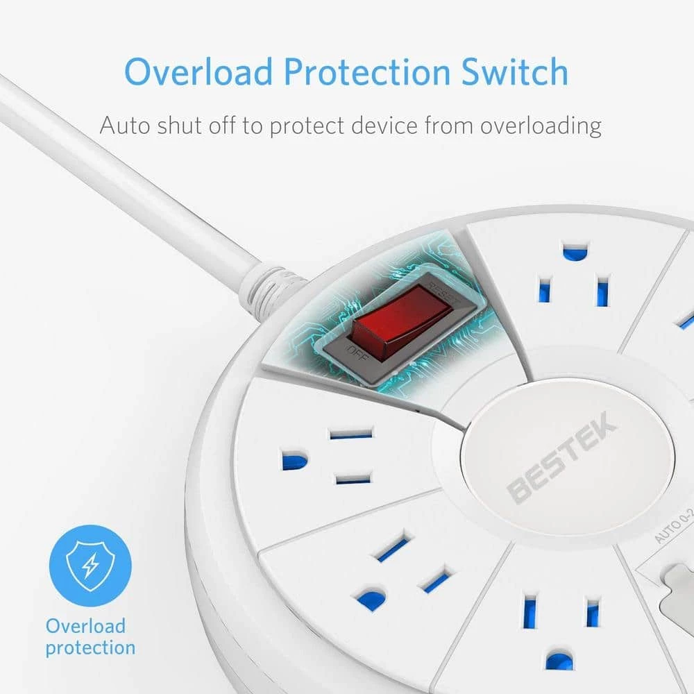 BESTEK 6 ft. 6-Outlet with 4 USB Ports 4.2-Amp (Combined) Circular Power Strip Surge Protector White 4 BESTEK 6 ft. 6-Outlet with 4 USB Ports 4.2-Amp (Combined) Circular Power Strip Surge Protector White - Image 4