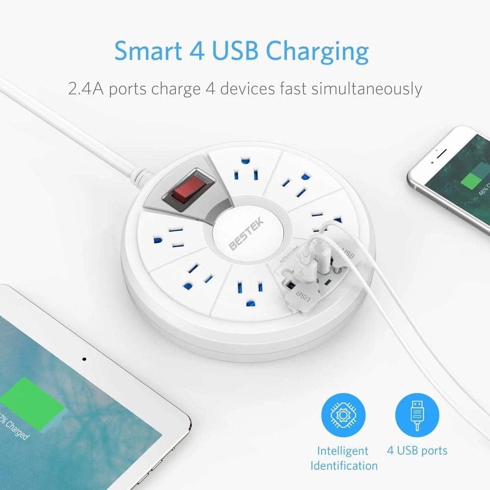 BESTEK 6 ft. 6-Outlet with 4 USB Ports 4.2-Amp (Combined) Circular Power Strip Surge Protector White 6 BESTEK 6 ft. 6-Outlet with 4 USB Ports 4.2-Amp (Combined) Circular Power Strip Surge Protector White - Image 6