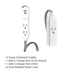 CyberPower 6 ft. 15-Watt 3-Outlet Surge Protector USB-A 2.4 Amp USB-C 400 Joules Braid Cord -Surge Protectors Sales Store white cyberpower surge protectors gc306uchd c3 1000