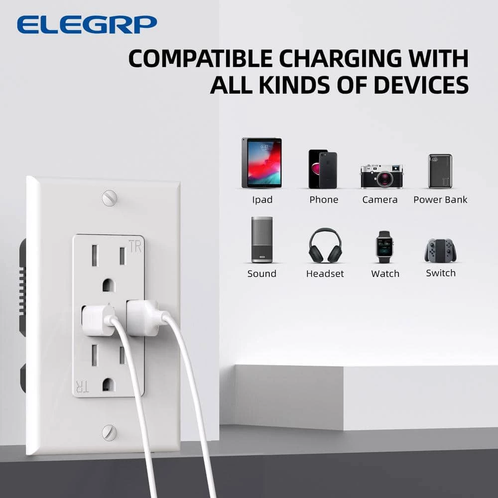 ELEGRP 4.2 Amp Type A & Type C USB Charger Wall Outlet, 15 Amp Duplex Tamper Resistant Outlet, with Wall Plate, White(6 Pack) 5 ELEGRP 4.2 Amp Type A & Type C USB Charger Wall Outlet, 15 Amp Duplex Tamper Resistant Outlet, with Wall Plate, White(6 Pack) - Image 5