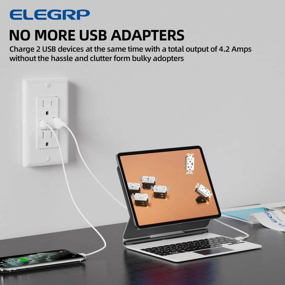ELEGRP 4.2 Amp Type A & Type C USB Charger Wall Outlet, 15 Amp Duplex Tamper Resistant Outlet, with Wall Plate, White(6 Pack) 6 ELEGRP 4.2 Amp Type A & Type C USB Charger Wall Outlet, 15 Amp Duplex Tamper Resistant Outlet, with Wall Plate, White(6 Pack) - Image 6