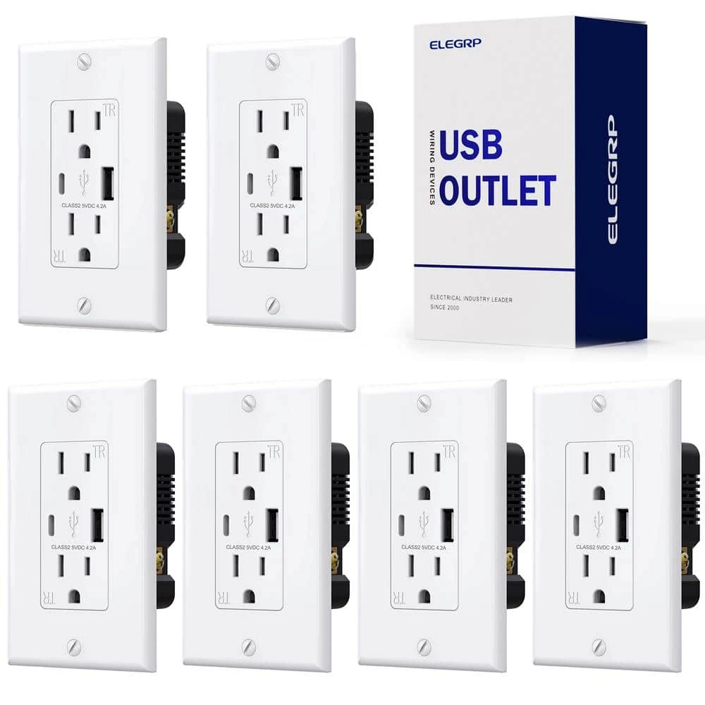 ELEGRP 4.2 Amp Type A & Type C USB Charger Wall Outlet, 15 Amp Duplex Tamper Resistant Outlet, with Wall Plate, White(6 Pack) 1 ELEGRP 4.2 Amp Type A & Type C USB Charger Wall Outlet, 15 Amp Duplex Tamper Resistant Outlet, with Wall Plate, White(6 Pack)