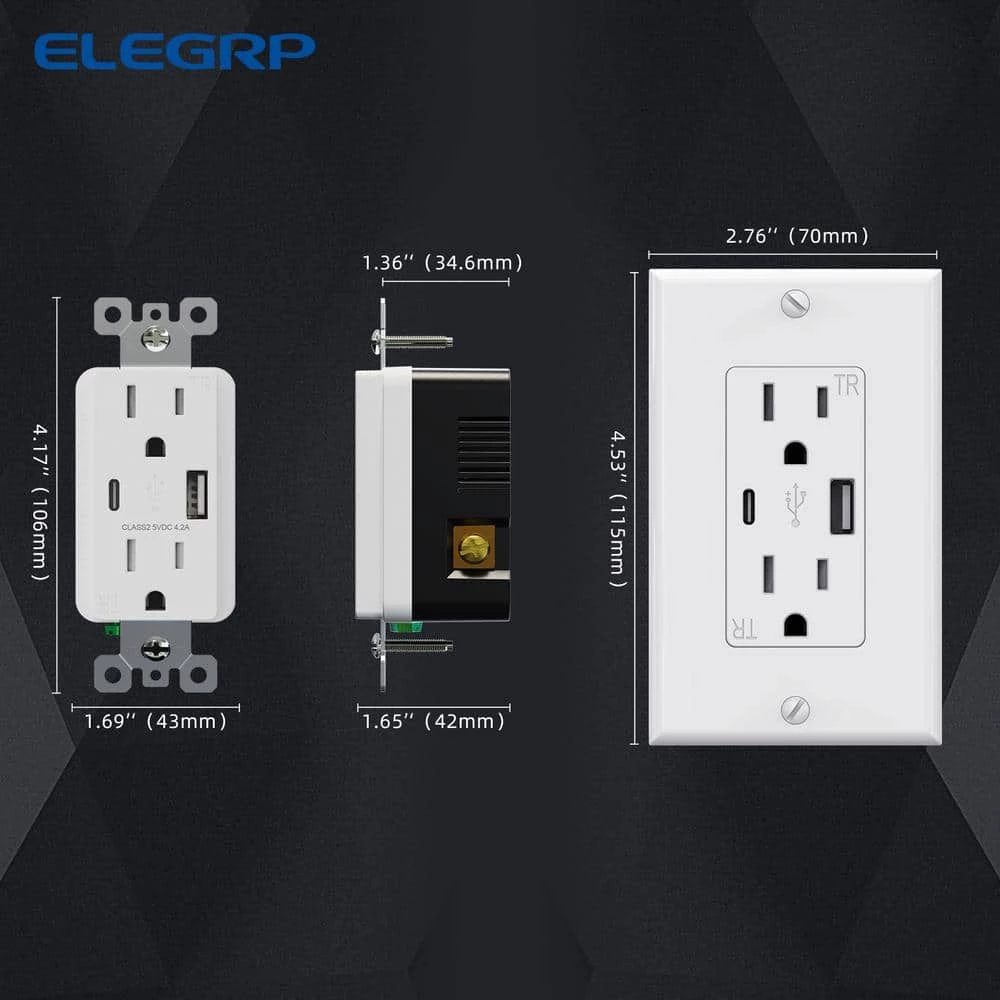 ELEGRP 4.2 Amp Type A & Type C USB Charger Wall Outlet, 15 Amp Duplex Tamper Resistant Outlet, with Wall Plate, White(6 Pack) 7 ELEGRP 4.2 Amp Type A & Type C USB Charger Wall Outlet, 15 Amp Duplex Tamper Resistant Outlet, with Wall Plate, White(6 Pack) - Image 7