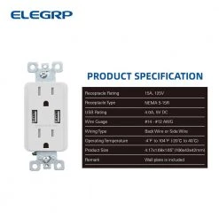 ELEGRP 4.0 Amp Dual USB Ports with Smart Chip 15 Amp Duplex Tamper Resistant Outlet Wall Plate Included, White (6-Pack) -Surge Protectors Sales Store white elegrp electrical outlets receptacles r1615d40 wh6 sw 1d 1000