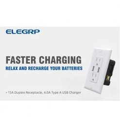 ELEGRP 4.0 Amp Dual USB Ports with Smart Chip 15 Amp Duplex Tamper Resistant Outlet Wall Plate Included, White (6-Pack) -Surge Protectors Sales Store white elegrp electrical outlets receptacles r1615d40 wh6 sw c3 1000