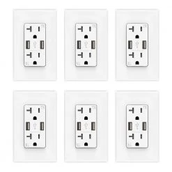 ELEGRP 4 Amp USB Dual Type A In-Wall Charger with 20 Amp Duplex Tamper Resistant Outlet, Wall Plate Included, White(6-Pack)