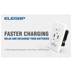 ELEGRP 4 Amp USB Dual Type A In-Wall Charger with 20 Amp Duplex Tamper Resistant Outlet, Wall Plate Included, White(6-Pack) -Surge Protectors Sales Store white elegrp electrical outlets receptacles r1620d40 wh6 76 1000