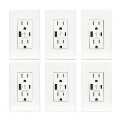 ELEGRP 25-Watt 15 Amp Dual Type A and Type C USB Wall Duplex Outlet, Wall Plate Included, White (6-Pack)
