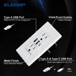 ELEGRP 30-Watt 15 Amp 3-Port Type C and Dual Type A USB Duplex Wall Outlet, Wall Plate Included, White (6-Pack) -Surge Protectors Sales Store white elegrp electrical outlets receptacles r1815d60aac wh6 1d 1000