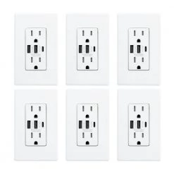ELEGRP 30-Watt 15 Amp 3-Port Type C and Dual Type A USB Duplex Wall Outlet, Wall Plate Included, White (6-Pack)