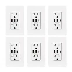 ELEGRP 30-Watt 20 Amp 3-Port Type C and Dual Type A USB Duplex Wall Outlet, Wall Plate Included, White (6-Pack)
