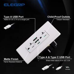 ELEGRP 30-Watt 20 Amp 3-Port Type C and Dual Type A USB Duplex Wall Outlet, Wall Plate Included, White (6-Pack) -Surge Protectors Sales Store white elegrp electrical outlets receptacles r1820d60aac wh6 76 1000