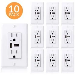 Faith 15 Amp Decorator Tamper-Resistant Duplex Outlet and 4.6 Amp USB Charger Receptacle, Wall Plate Included, White (10-Pack) -Surge Protectors Sales Store white faith electrical outlets receptacles usb46 wh 10 c3 1000