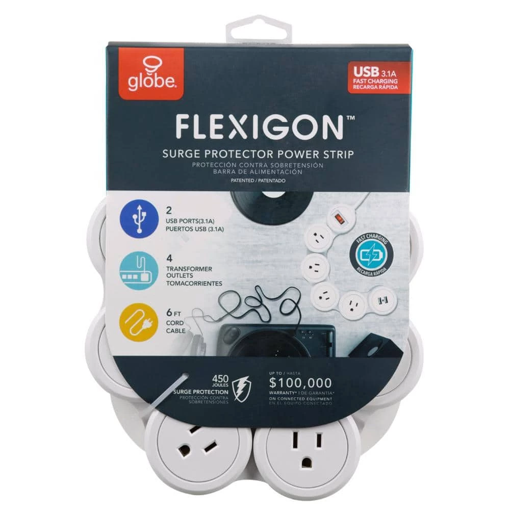 Globe Electric Flexigon 6 ft. 2 USB Port 4-Outlet Surge Protector Power Strip 7 Globe Electric Flexigon 6 ft. 2 USB Port 4-Outlet Surge Protector Power Strip - Image 7