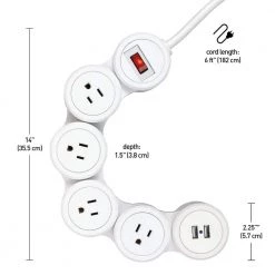 Globe Electric Flexigon 6 ft. 2 USB Port 4-Outlet Surge Protector Power Strip 12 Globe Electric Flexigon 6 ft. 2 USB Port 4-Outlet Surge Protector Power Strip -Surge Protectors Sales Store white globe electric surge protectors 7817501 fa 1000