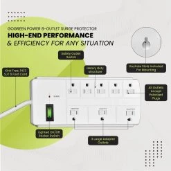 Go Green Power 8-Outlet 6 ft. Cord Surge Protector Lighted Rocker Switch, White -Surge Protectors Sales Store white go green power surge protectors gg 18316wh 1f 1000