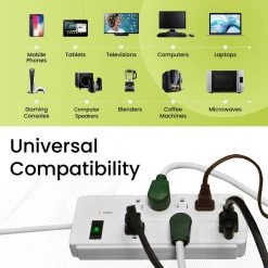 Go Green Power 8-Outlet 6 ft. Cord Surge Protector Lighted Rocker Switch, White -Surge Protectors Sales Store white go green power surge protectors gg 18316wh fa 1000