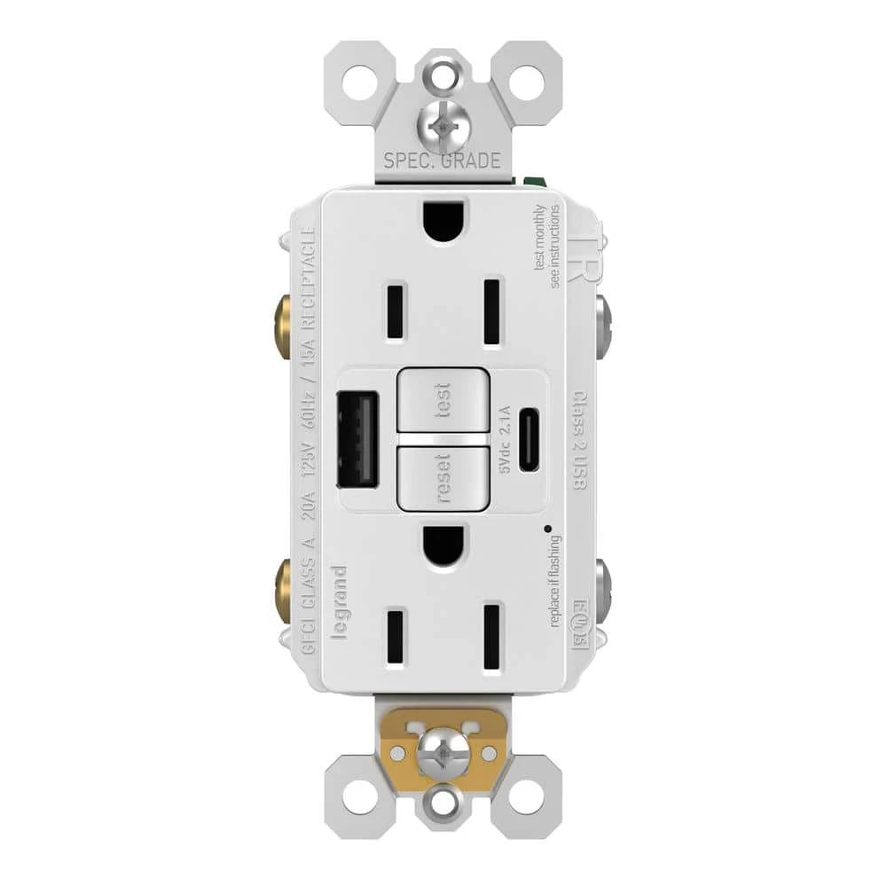 Legrand Radiant 15 Amp 125-Volt Tamper Resistant Self-Test GFCI Duplex Outlet with Type A/C USB, White 1 Legrand Radiant 15 Amp 125-Volt Tamper Resistant Self-Test GFCI Duplex Outlet with Type A/C USB, White
