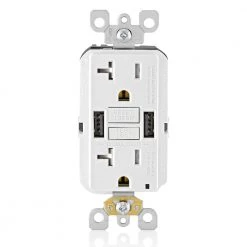 Leviton 20 Amp Smartlock Pro Self-Test GFCI Combination 24-Watt (4.8 Amp) Type A USB In-Wall Charger Duplex Outlet, White