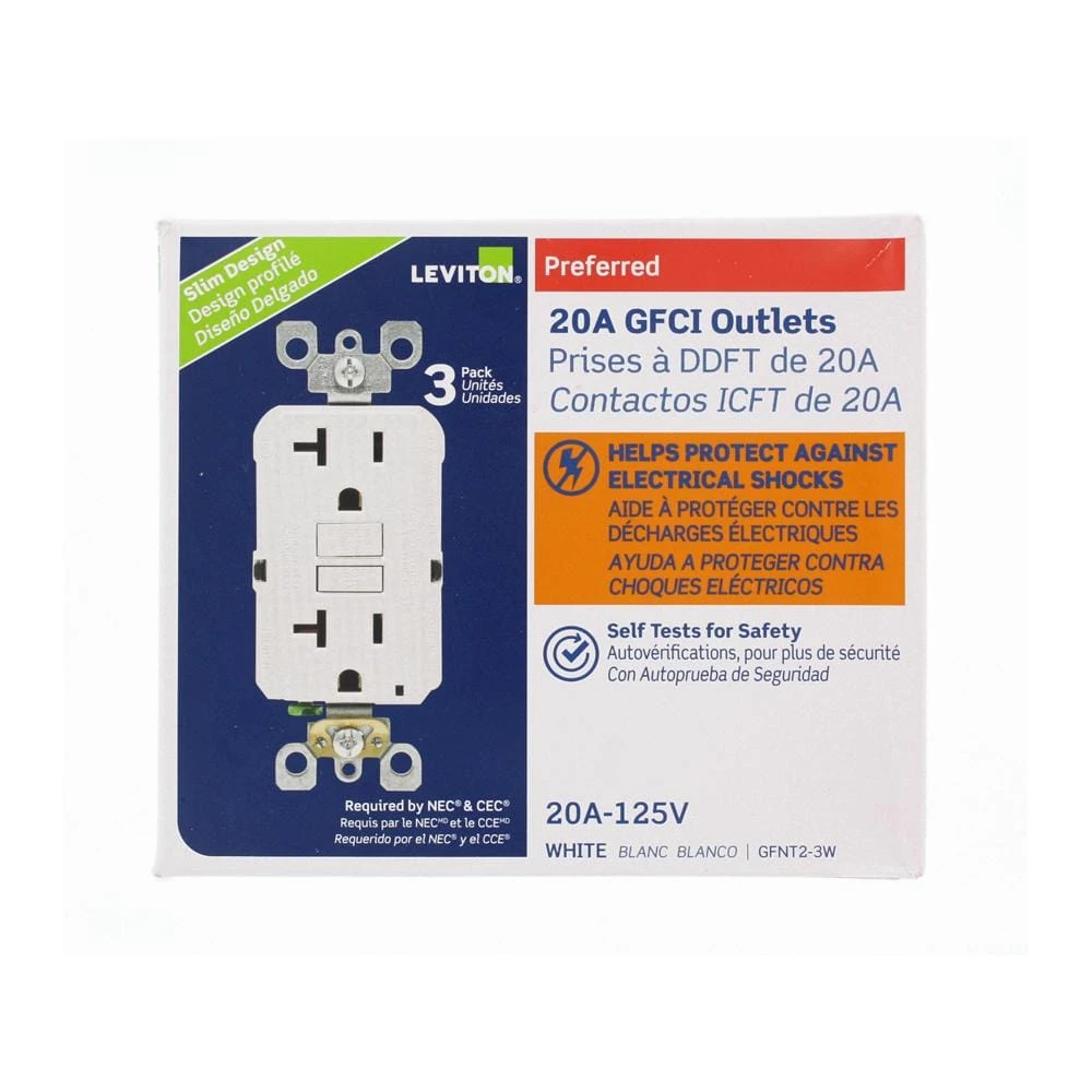 Leviton 20 Amp 125-Volt Duplex Self-Test Slim GFCI Outlet, White (4-Pack) 8 Leviton 20 Amp 125-Volt Duplex Self-Test Slim GFCI Outlet, White (4-Pack) - Image 8