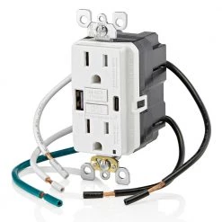 Leviton 15 Amp SmartlockPro Self-Test GFCI Combination 24-Watt (4.8 Amp) Type A/C USB In-Wall Charger Duplex Outlet, White -Surge Protectors Sales Store white leviton electrical outlets receptacles r02 guac1 0bw 44 1000